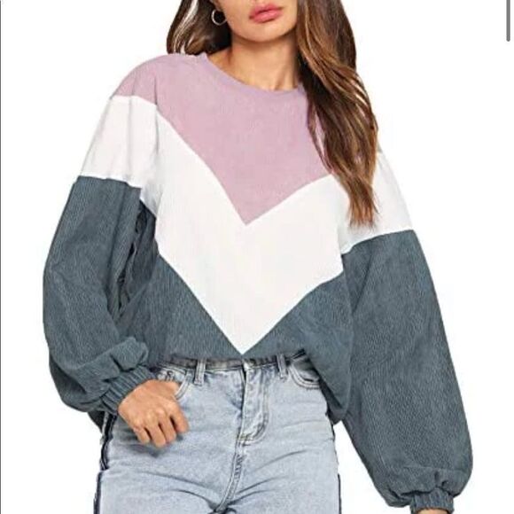 Shein Women's Loose Colorblock Sweatshirt Lantern Sleeve Round Neck Pullover Top - Picture 1 of 10